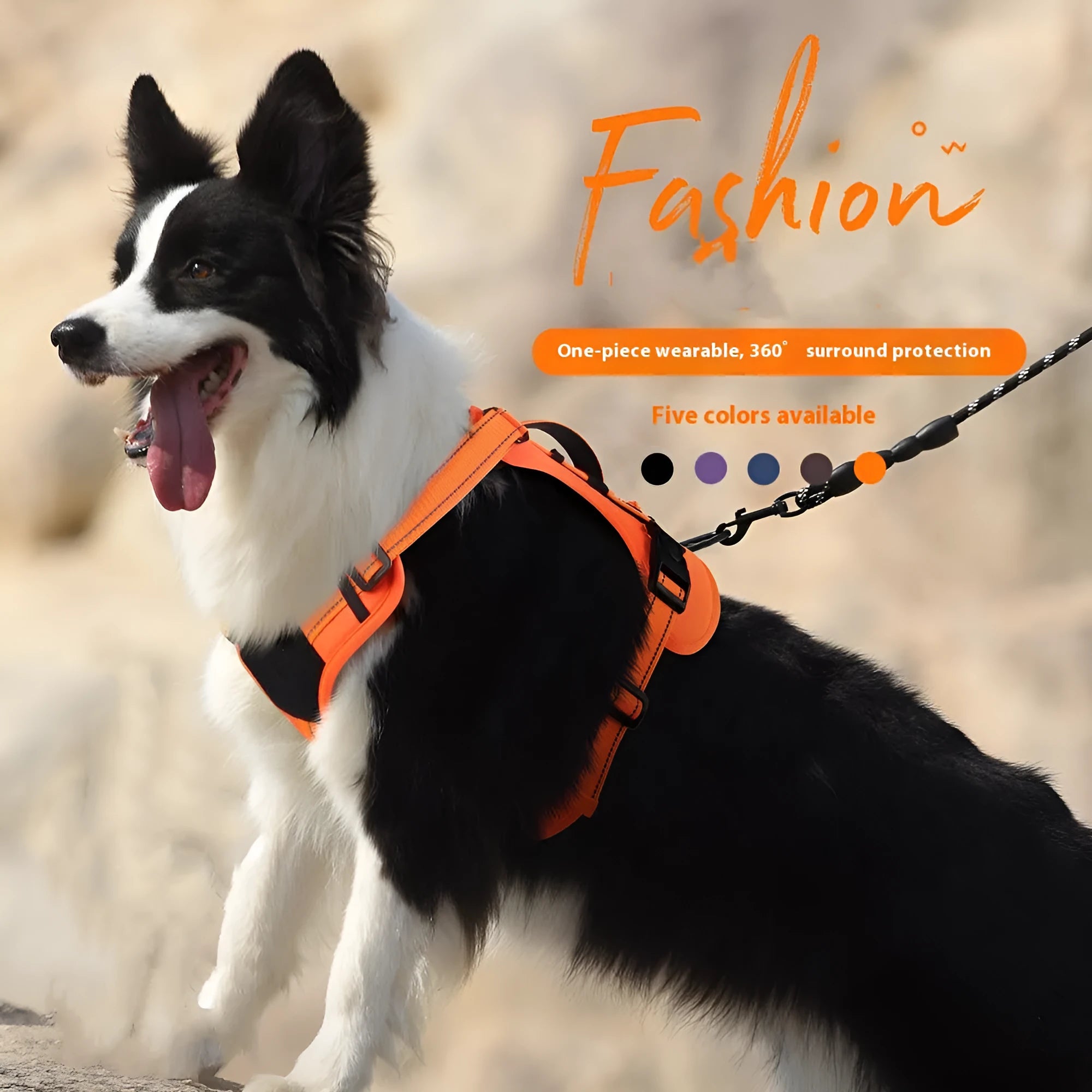 Orange explosion-proof dog harness vest with reflective strips and a black hand grip rope attached.