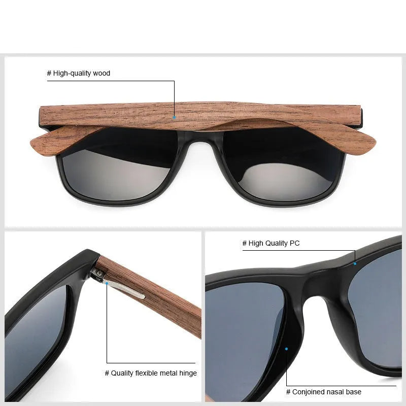Polarised sunglasses with bamboo and wood arms, gray lens, PC frame on white background