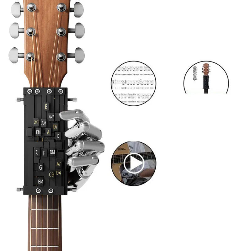 Automatic chord practice device for folk guitar, shown in black, designed for novice second chord training.