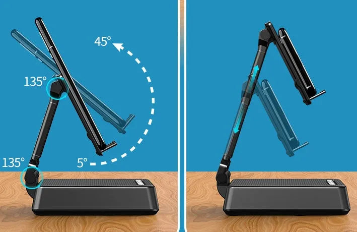 Black mobile phone broadcasting stand with integrated Bluetooth speaker and microphone on desk