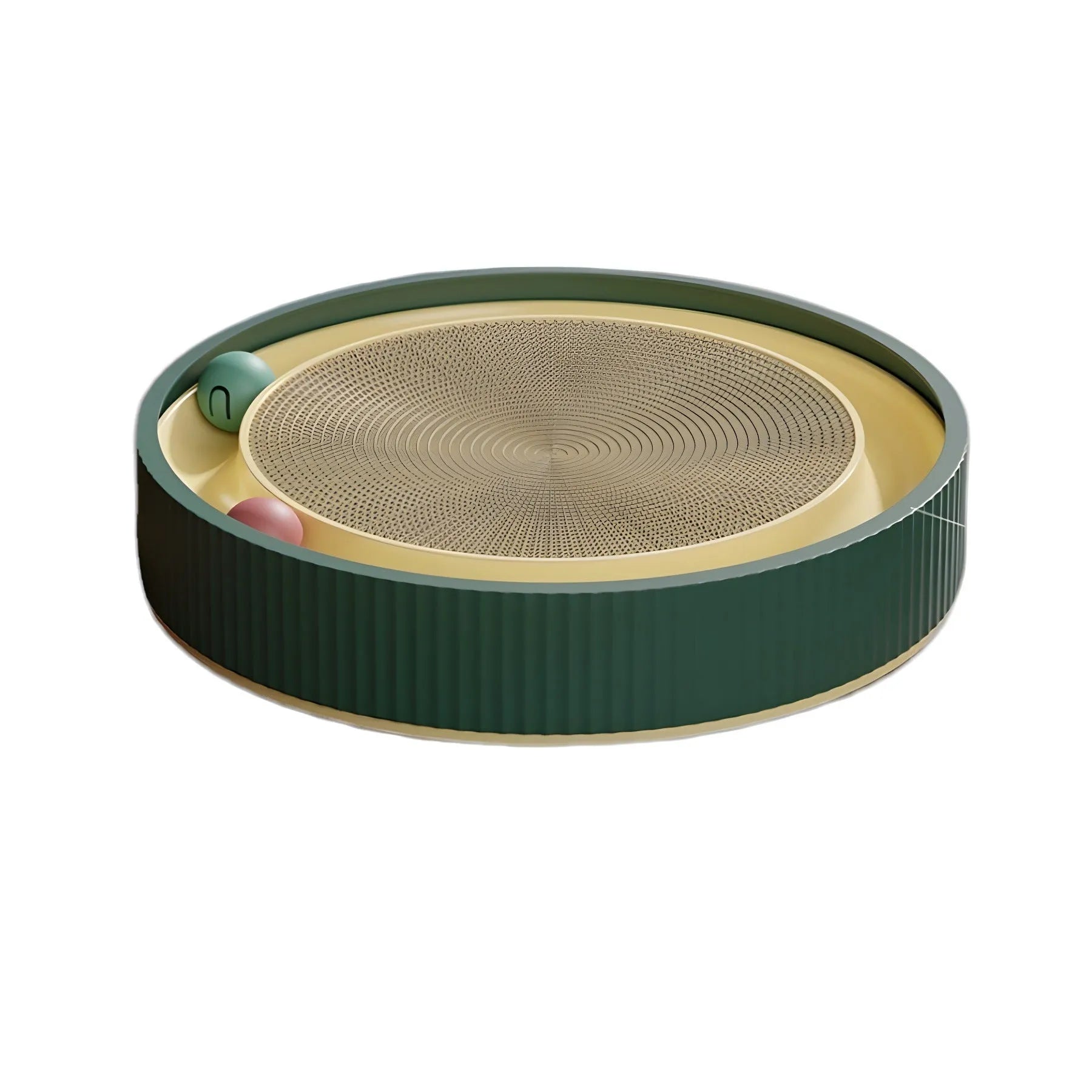 Large green cat scratching board with ball toys measuring 45cm diameter