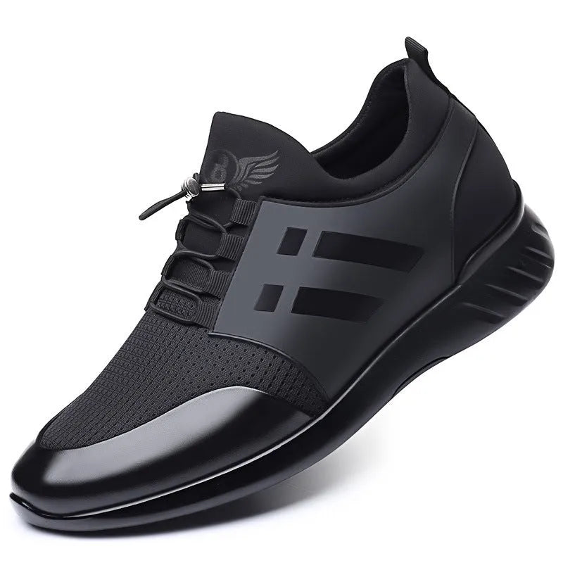 Men's black height increasing casual shoes with hidden 8cm heel in leather or mesh options