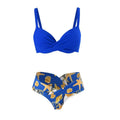Women's three-piece bikini set with long sleeve blouse in green leaf print on polyester fabric