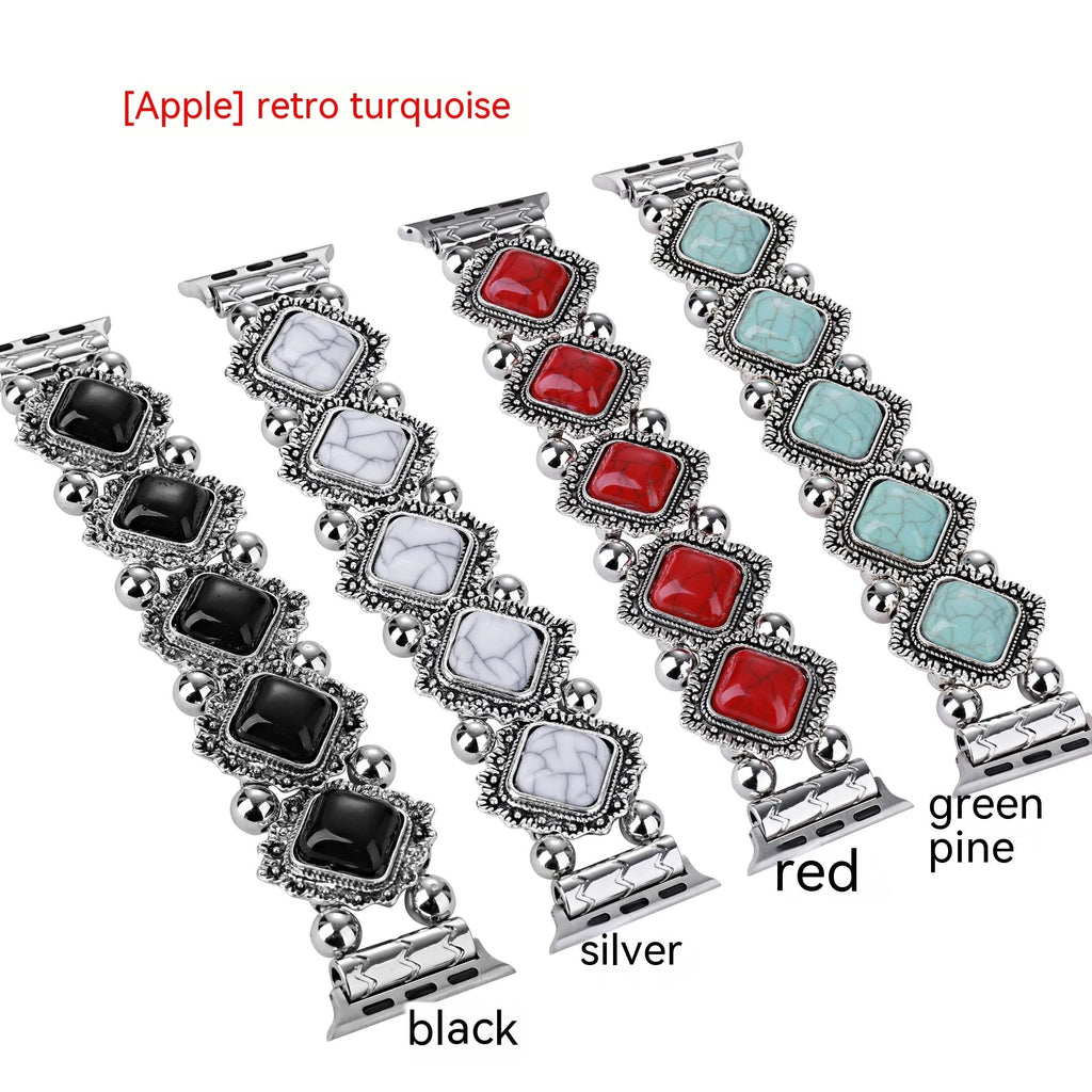 Metal bracelet smart watch strap for Apple Watch, adjustable steel band in black, silver, red, pine green, compatible with multiple case sizes