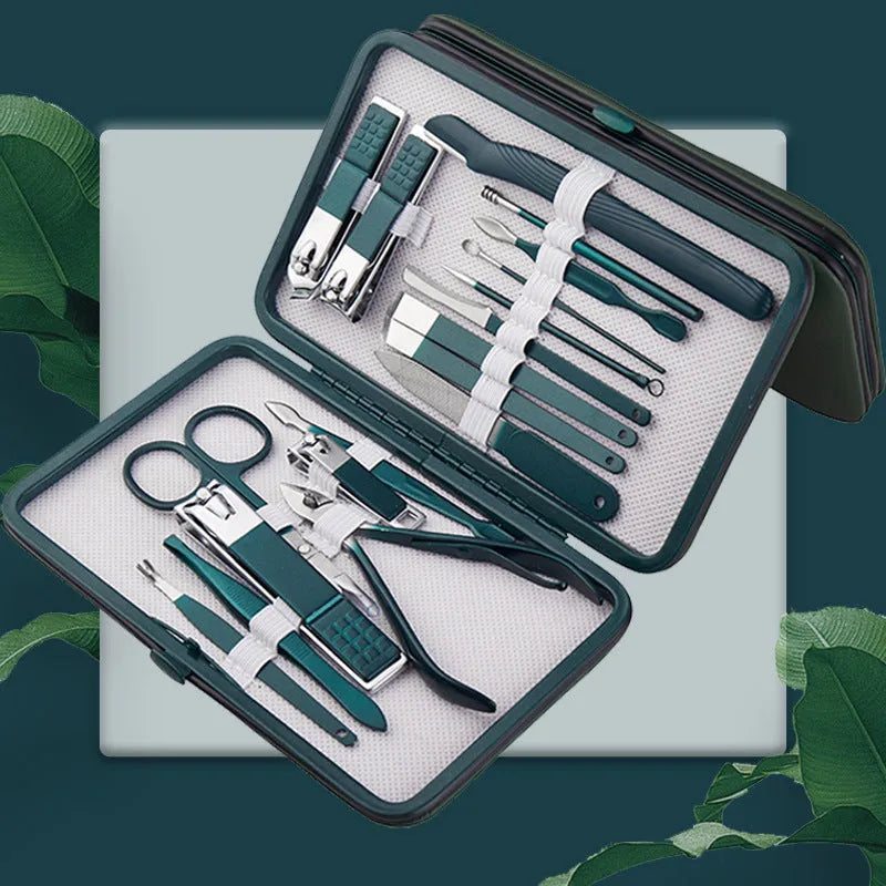 Emerald green manicure pedicure set in case with stainless steel and carbon steel nail clippers