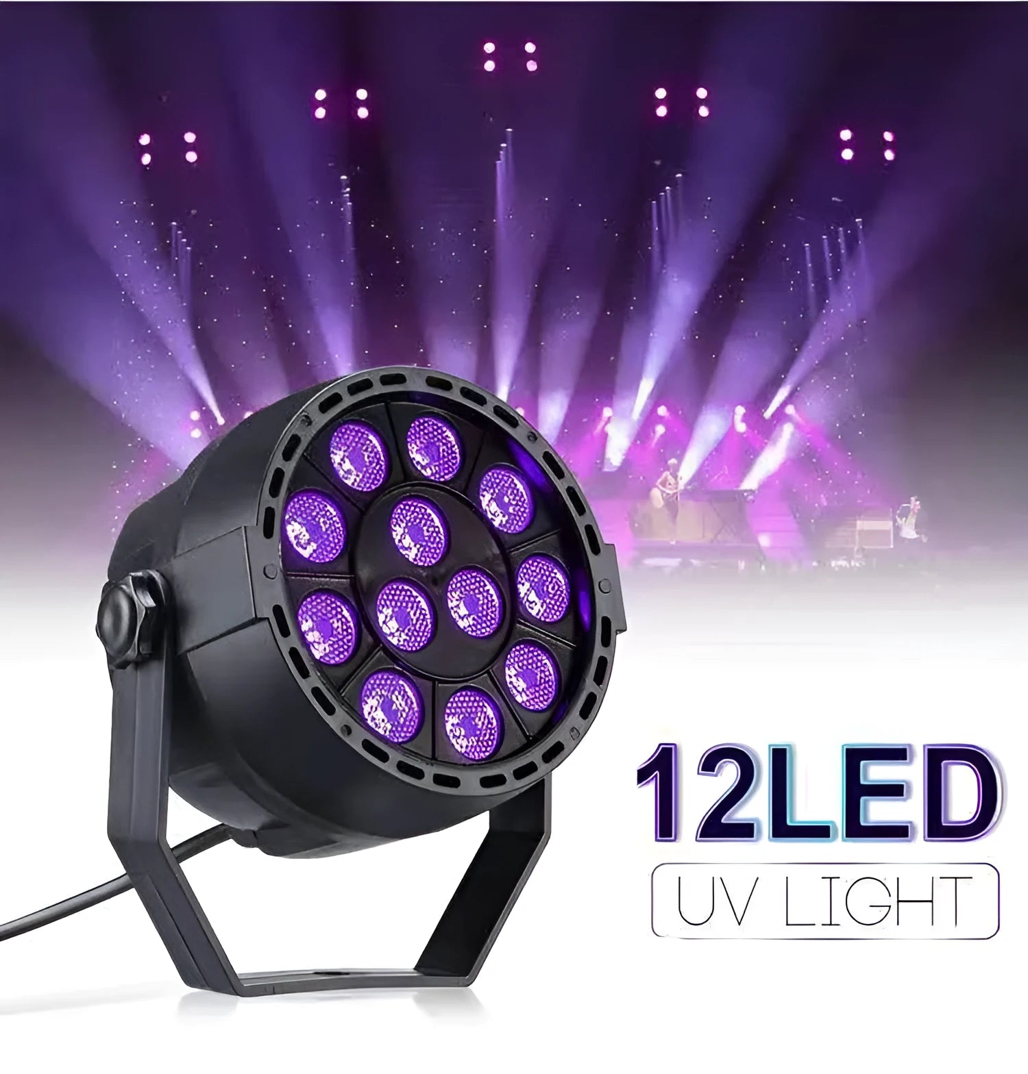 Ultraviolet UV par light with 12 LEDs for indoor stage lighting, black housing