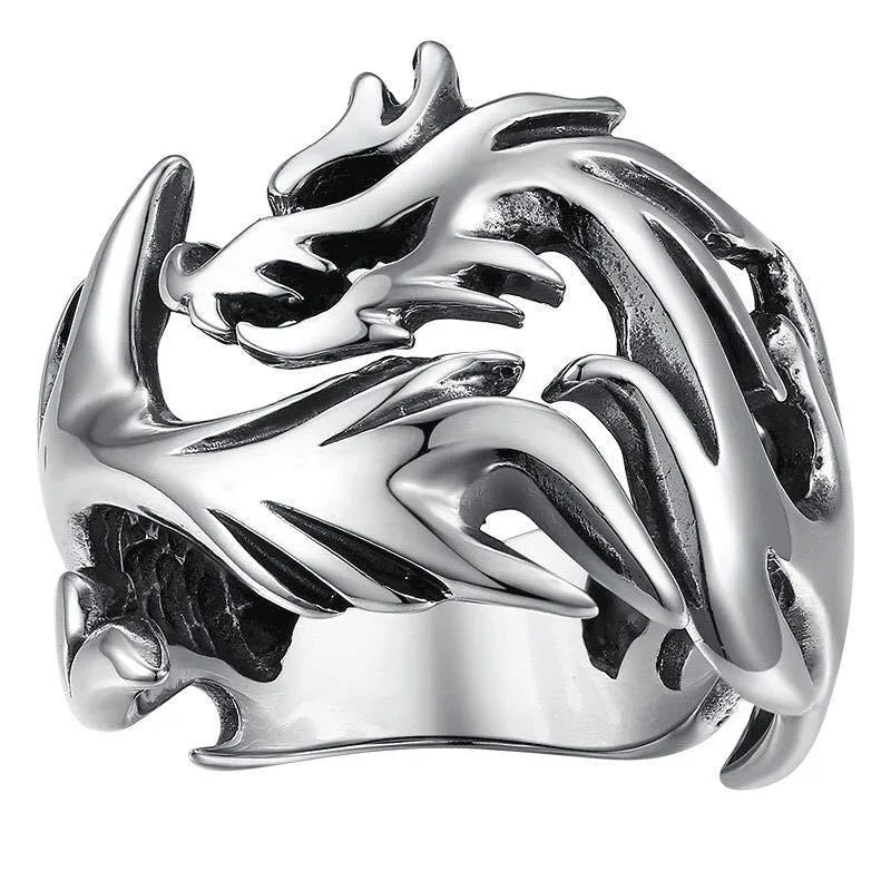 Chinese style adjustable ring with luminous dragon pattern in antique silver blue and green electroplated metal
