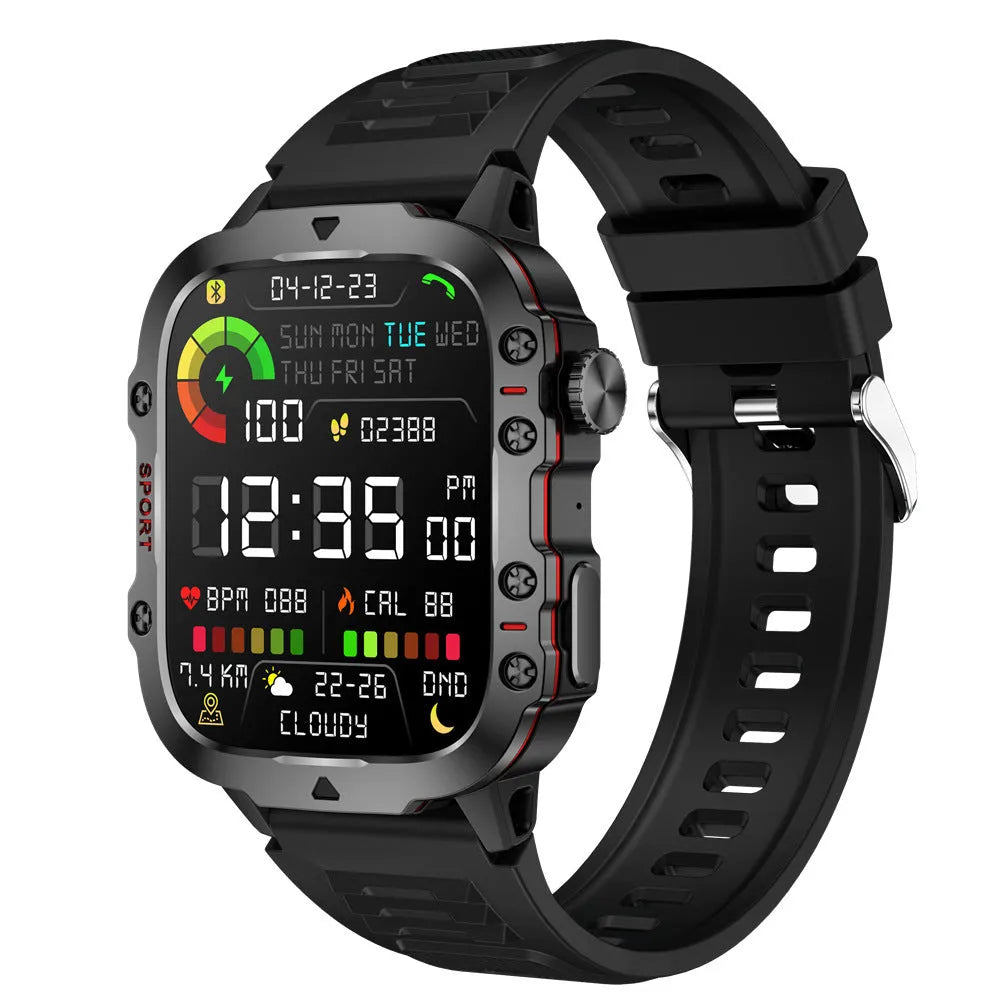 QX11 Smart Bluetooth Watch in black with TFT touch screen showing heart rate data.
