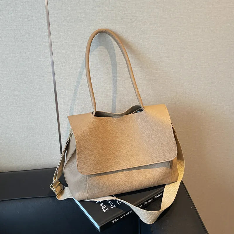 Vintage casual PU leather tote bag in horizontal square shape with double shoulder straps