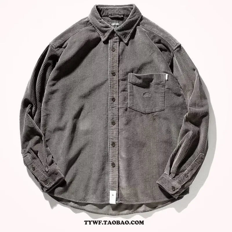 Men's caramel corduroy loose fit cardigan-style long sleeve shirt shown on hanger