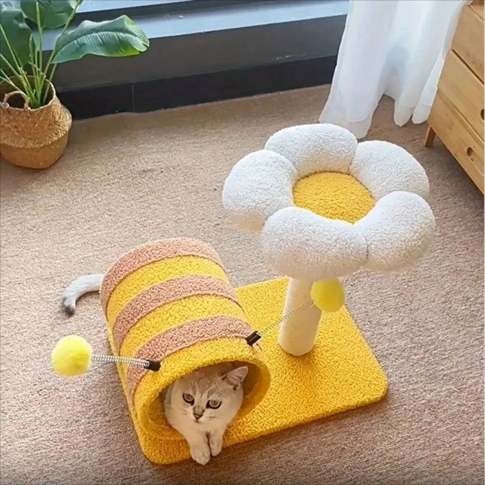 Yellow Bee cat climbing frame with sisal scratching board and tunnel, dimensions 46x36x25 cm