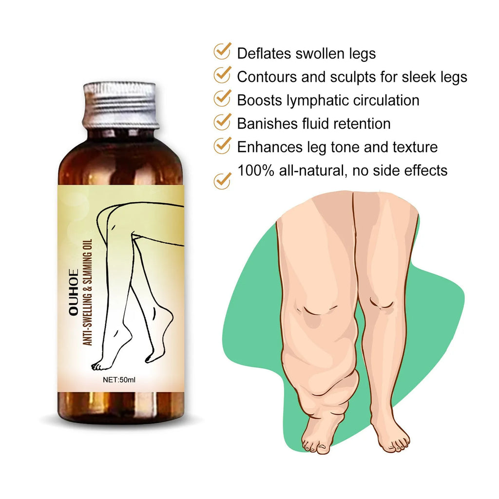 50ml bottle of moisturising body essential oil with natural extracts for skin care and leg massage.