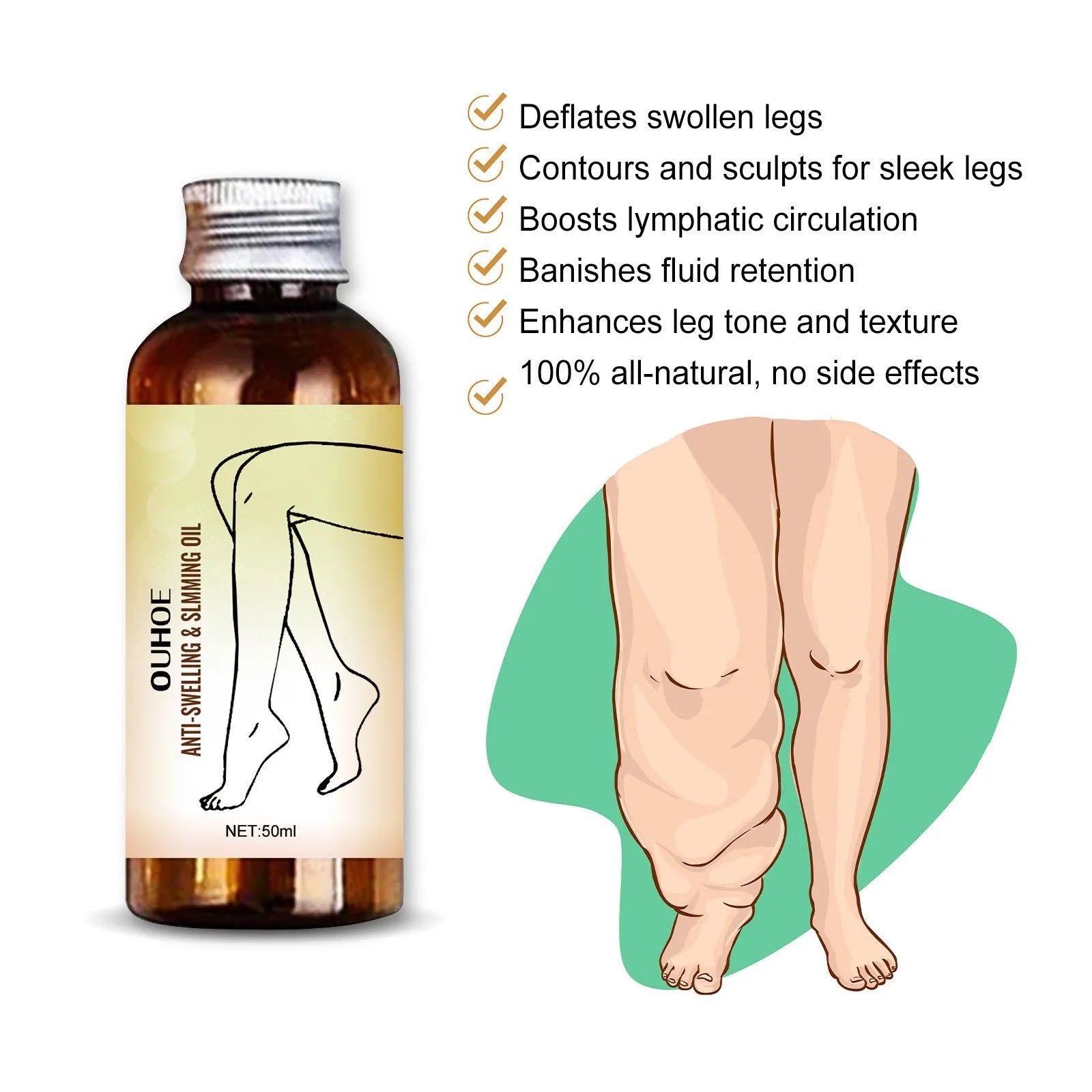 50ml bottle of moisturising body essential oil with natural extracts for skin care and leg massage.