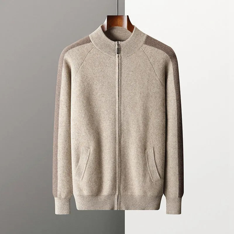 Men's cashmere wool blend cardigan suit with half turtleneck zipper top and matching trousers in winter sports style