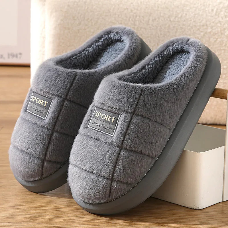 Men's grey and brown plaid winter slippers with thick woolen bottom and rabbit hair upper