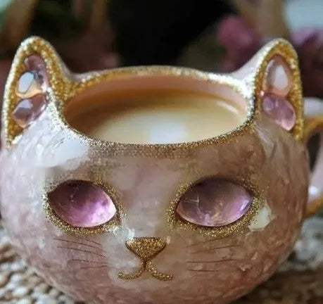 Handmade purple resin geode mug with a crystal cat cup design on a wooden table.