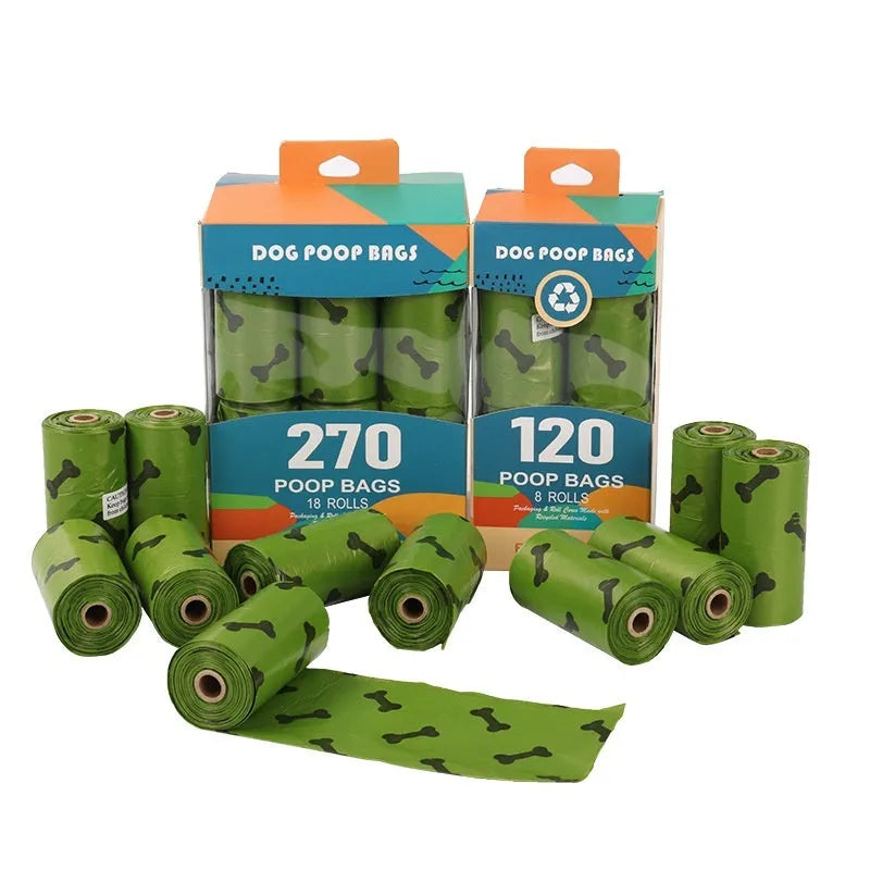 Military green degradable dog poop bags with black bone pattern measuring 23x33cm