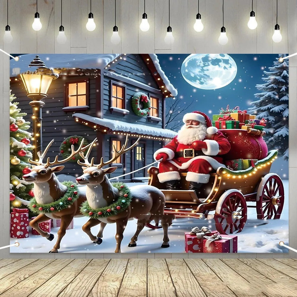 Large red and white Christmas banner with Santa Claus, starry night, and gift box graphics.