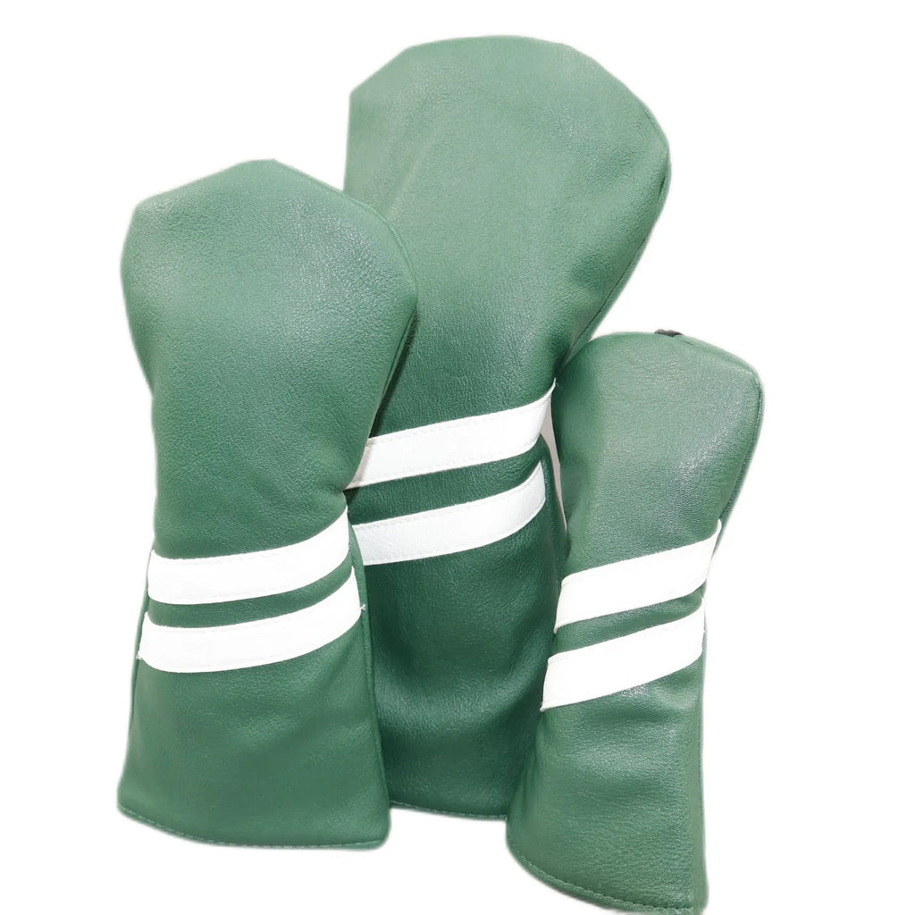Blue golf club head cover with two white diagonal stripes, shown alongside red and black versions.