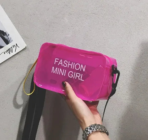 Transparent square jelly crossbody bag with adjustable strap in various colour options