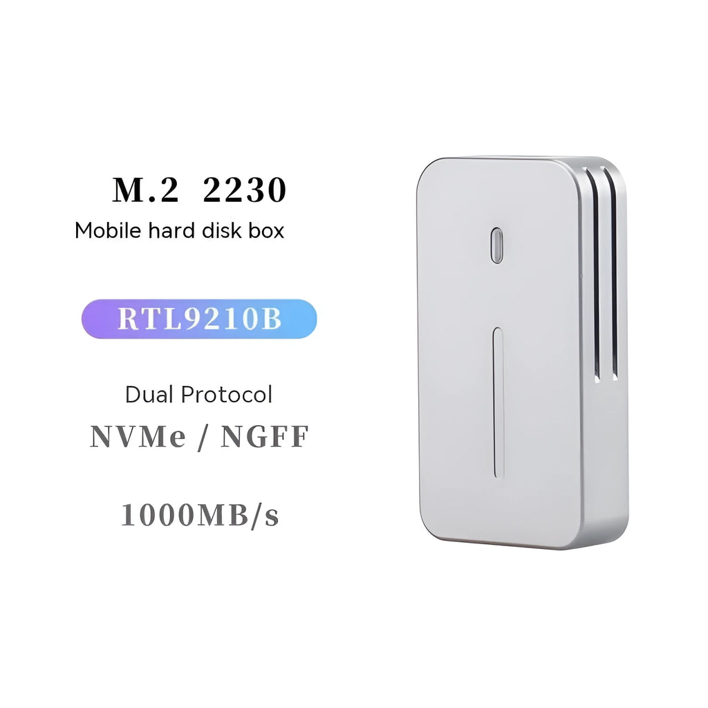 Compact silver aluminium M.2 NVMe to USB-C SSD enclosure showing its small size and USB-C port.