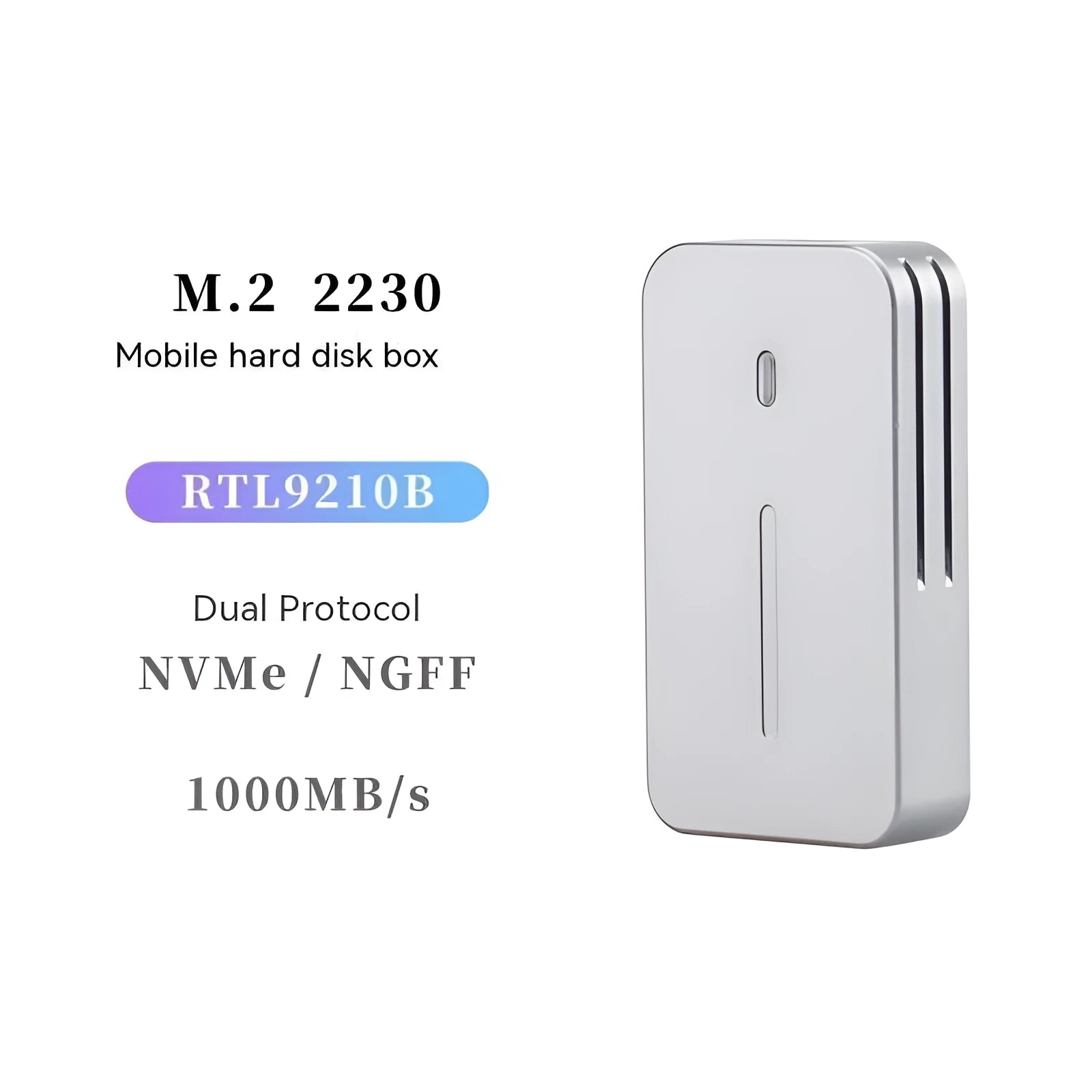 Compact silver aluminium M.2 NVMe to USB-C SSD enclosure showing its small size and USB-C port.