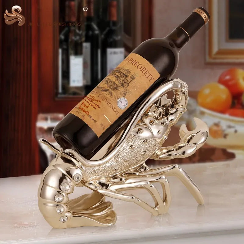 Lobster-shaped decorative wine bottle holder ornament in rose gold or silver resin.