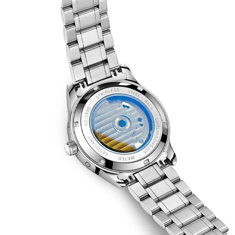 Men's stainless steel mechanical business watch with sapphire crystal glass and genuine leather strap