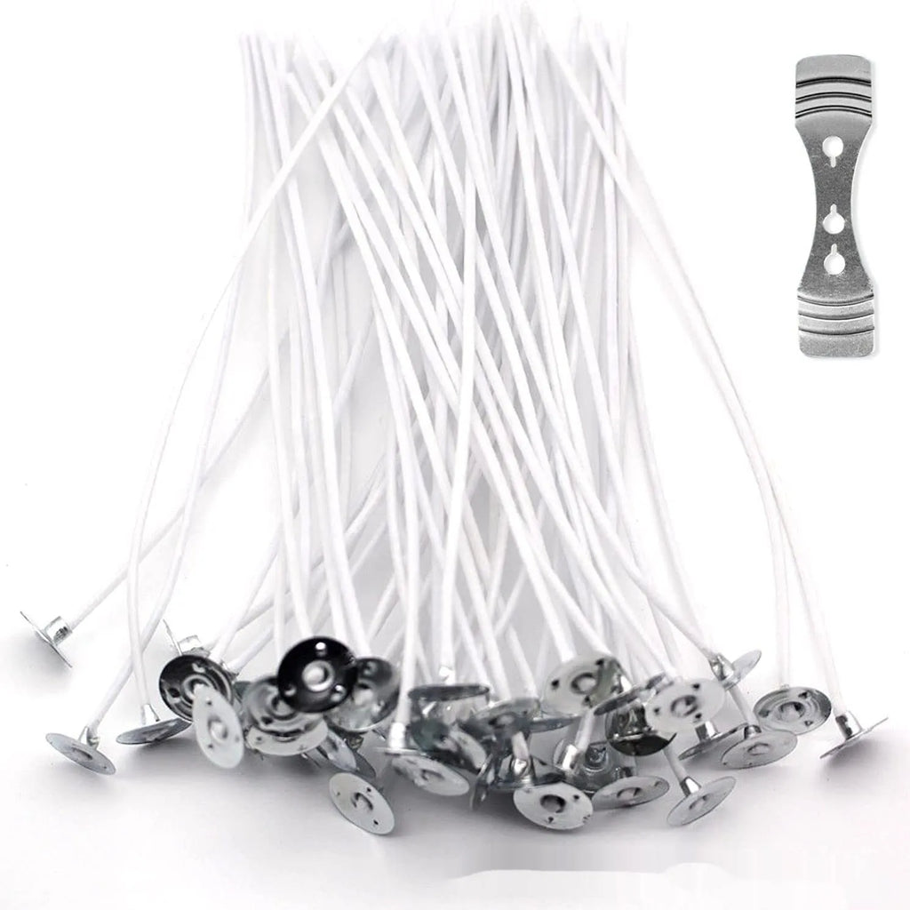 White cotton candle wicks showing three different lengths: 2.6cm, 6cm, and 8cm for DIY candle making