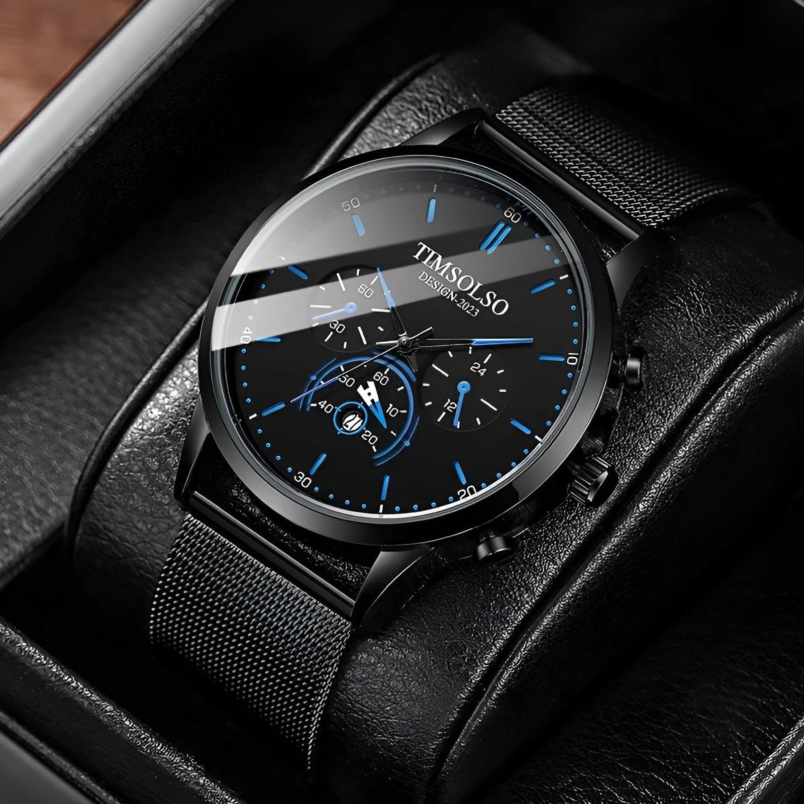 Ultra-thin 6mm calendar quartz watch with black two-tone metal strap, white dial, and date window