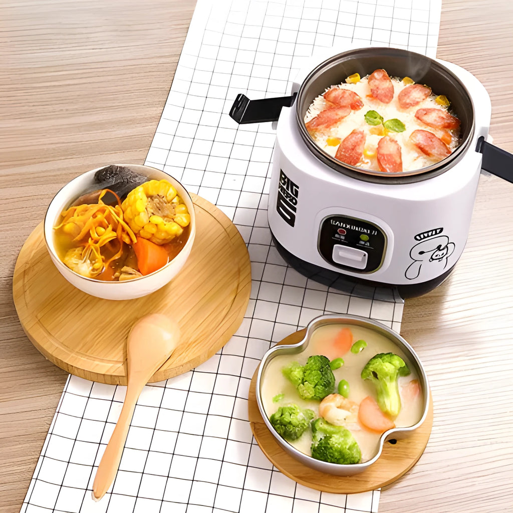 Compact round mini rice cooker with steaming pan and non-stick inner pot for 1-2 people
