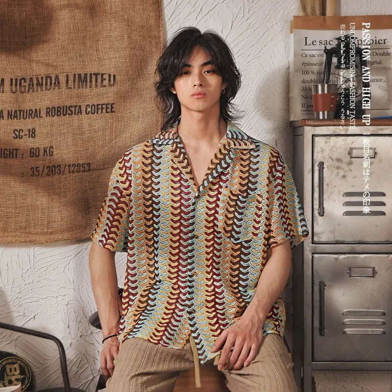 Grey Japanese style men's shirt with Cuban collar, jacquard texture, and short sleeves.