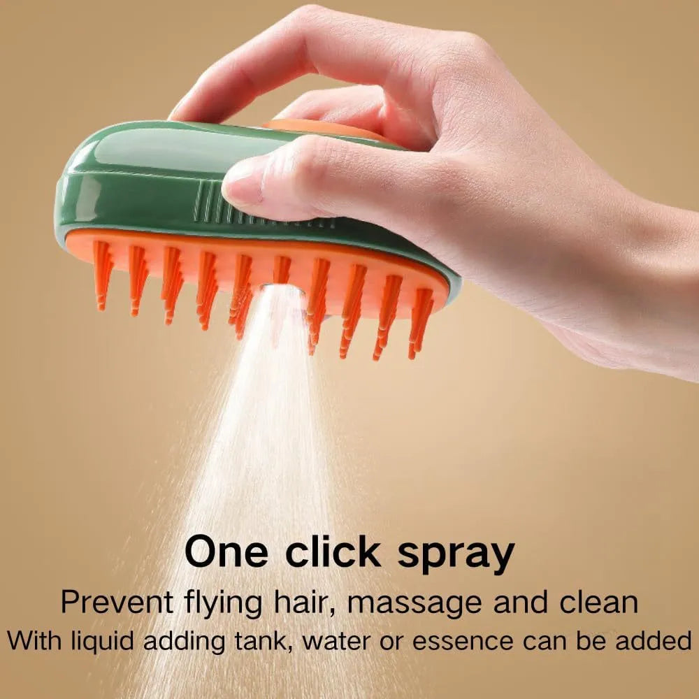 Green and white rechargeable cat steam brush with water spray for pet grooming