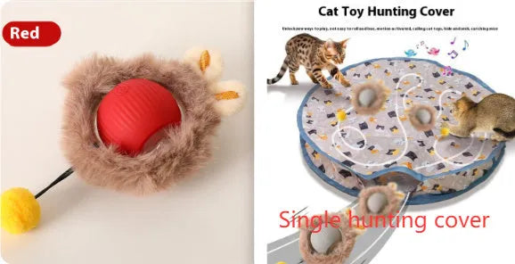 Silicone cat rolling ball toy in green, grey, red, and pink plush designs with optional rope attachment