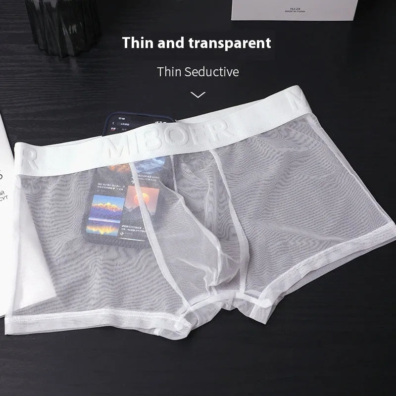 Men's thin invisible breathable boxer shorts in quick-drying polyester fabric shown in multiple colours