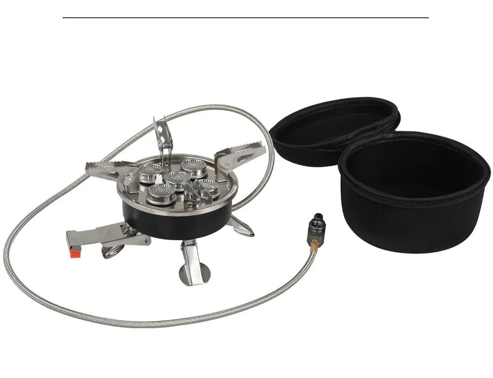 Silver stainless steel split camping stove with foldable design and 100cm gas hose