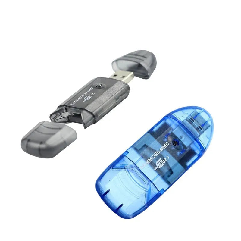 Transparent plastic USB card reader with integrated card holder compartment showing USB 2.0 connector