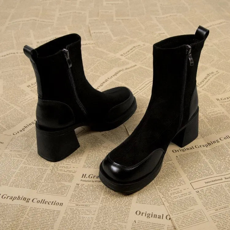 Black women's chunky heel martin boots with thick rubber sole and lace-up design