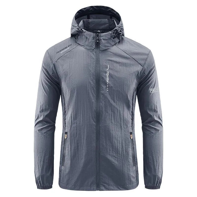 Men's hooded summer jacket in thin nylon fabric, loose fit, available in light grey, dark grey, black, dark blue, and denim blue