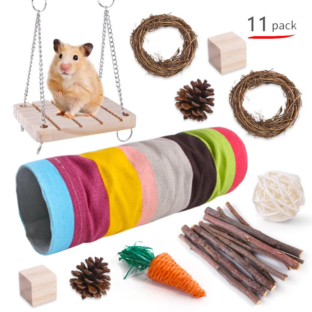 Assortment of natural wooden and woven chew toys for small pets like rabbits and parrots.