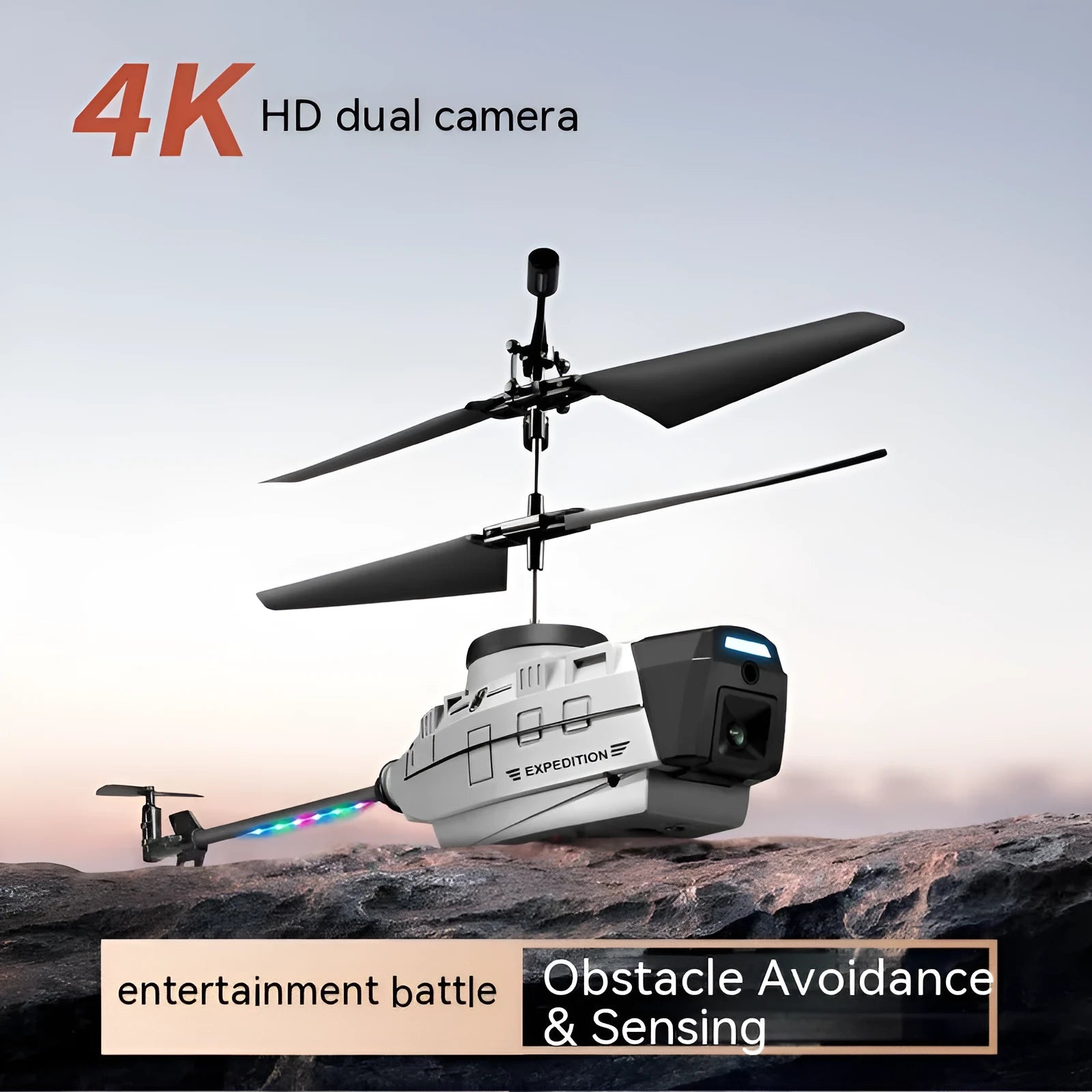 Grey Heifeng plastic UAV helicopter drone with coloured lights on a landing gear