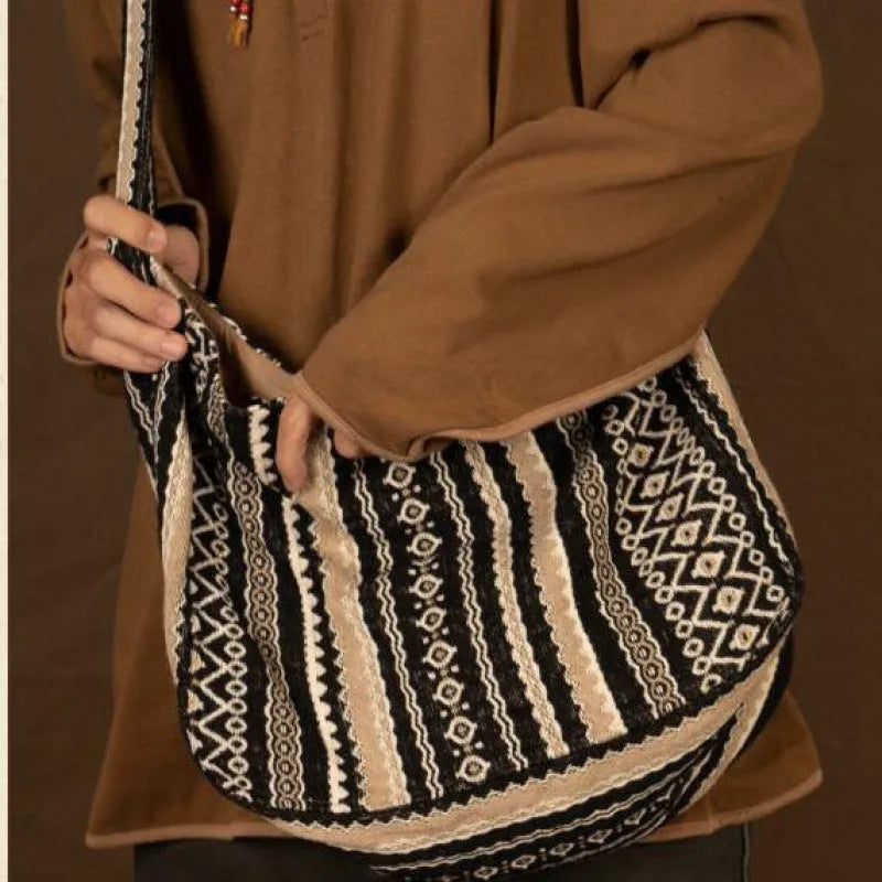 Vintage jacquard striped corduroy messenger bag with adjustable plaid shoulder strap