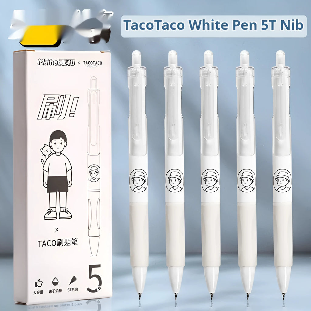 Five white ballpoint pens with 0.5mm black ink tips for student writing and exam use