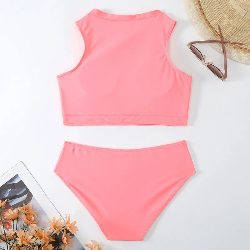 Pink high waist bikini swimsuit set with briefs style on a hanger.
