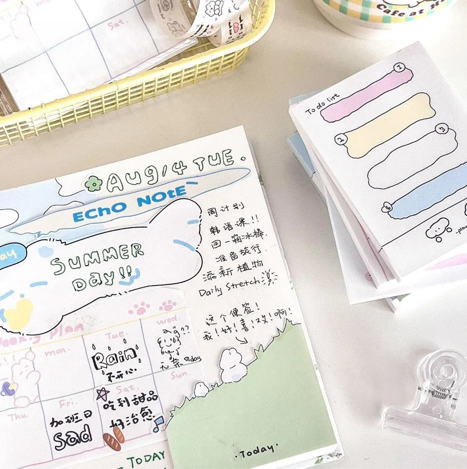 Cartoon heart design sticky notes set showing six styles including Echo Notes and Rabbit Weekly Notes