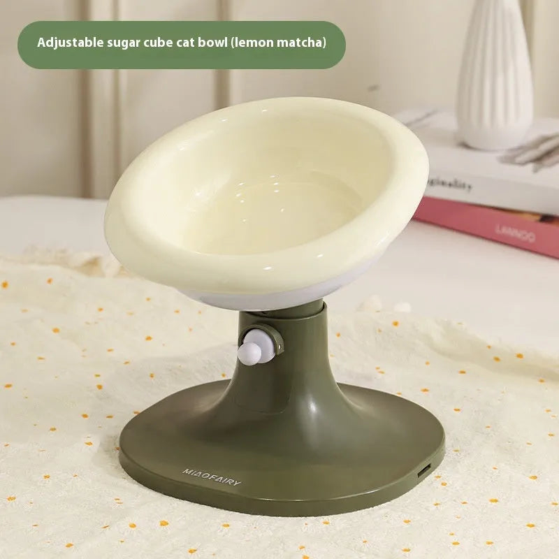 Adjustable ceramic cat feeding bowl in ice cream shape with pink and blue colour on a plastic base