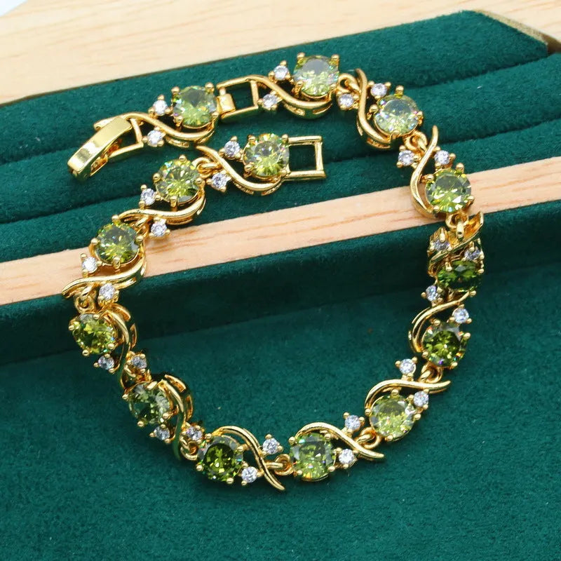 Women's full rhinestone zircon jewellery set with snake bones chain in olive green or red colour