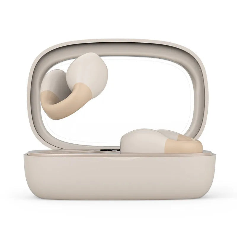 Holographic Acoustic clip-on Bluetooth headset in white with digital display screen and clip attachment
