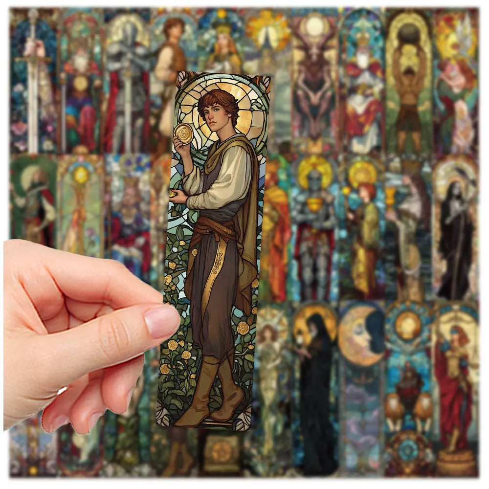 30 painted glass tarot paper bookmarks laid out showing different designs