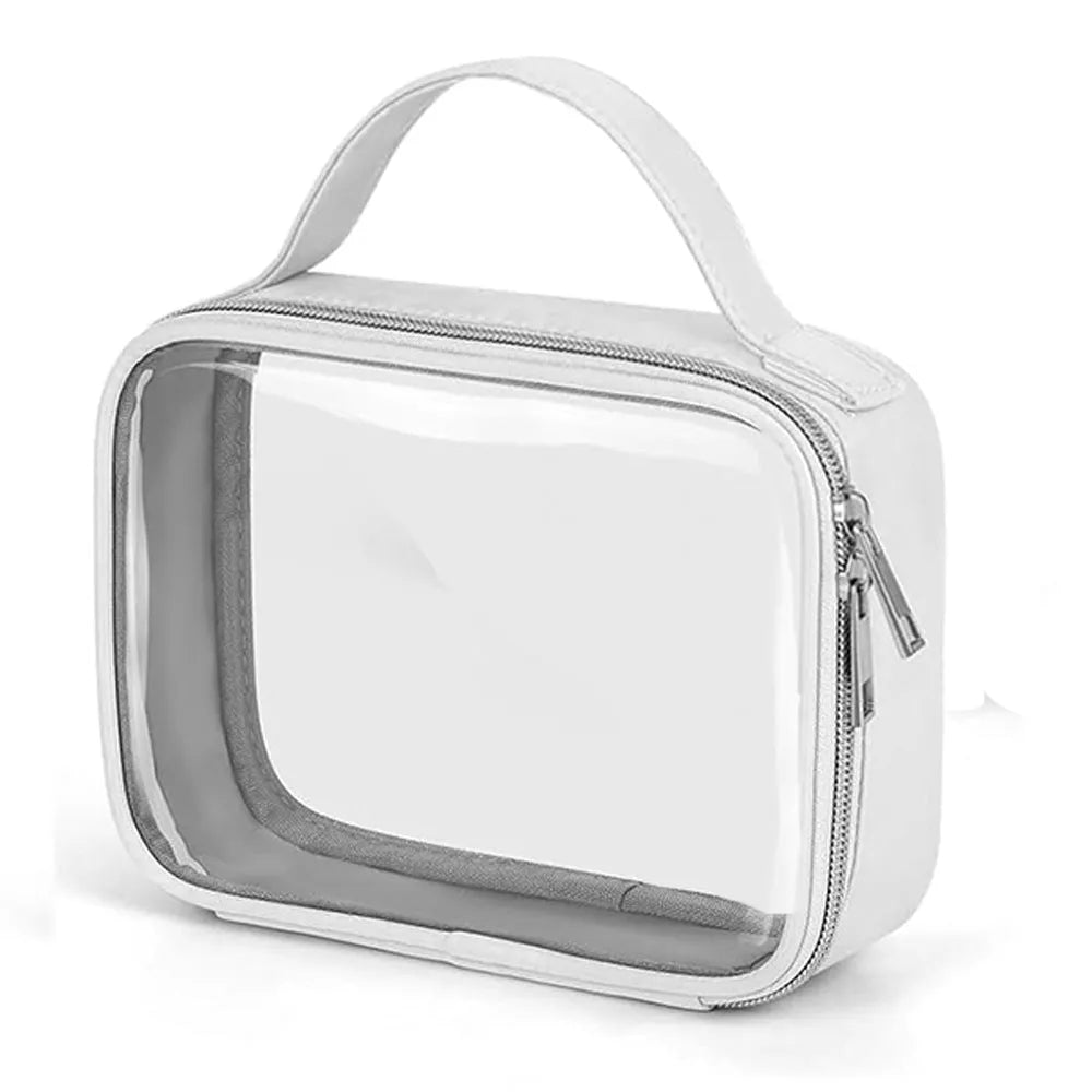 Clear PVC cosmetic wash bag with chain handle showing lipsticks inside, in leopard print colour.